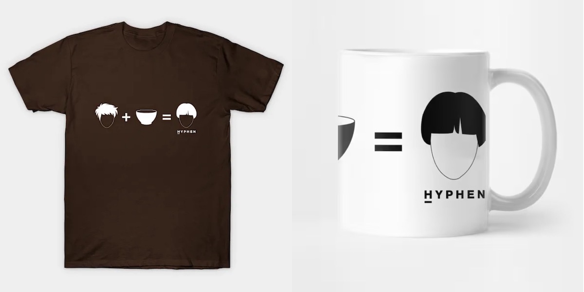 A T-shirt and mug with the Hyphen bowl cut graphic.